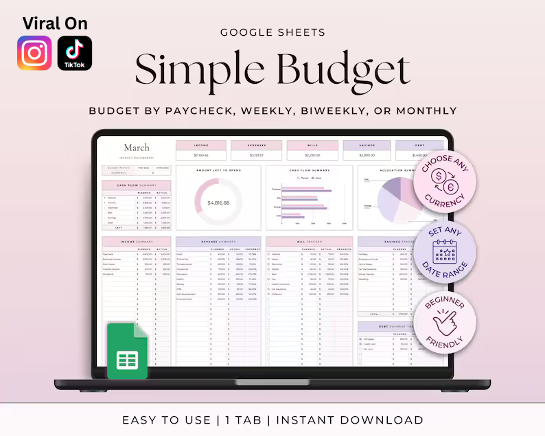 Budgeting Template for Google Sheets (fully customizable)